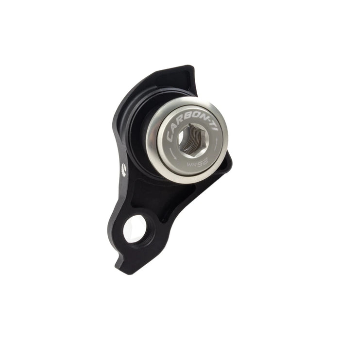 Carbon-Ti X-Hanger UDH in Matte Black with a Silver lockring, seen from the front.