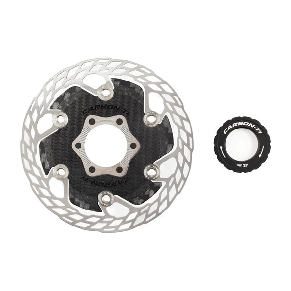 Carbon-Ti X-Rotor Aero 140 mm Center Lock brake rotor and adapter kit, front.