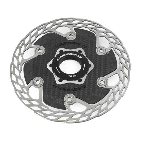Carbon-Ti X-Rotor Aero 140 mm Center Lock brake rotor, three-quarter view.