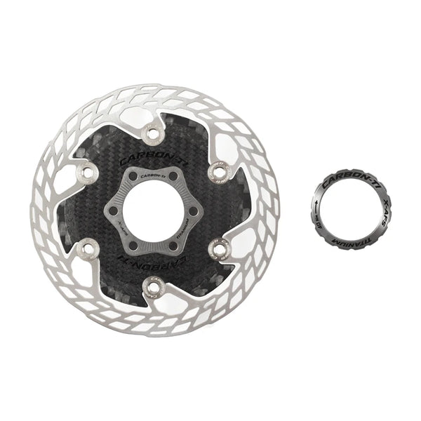 Carbon-Ti X-Rotor Aero 140 mm X-AFS brake rotor with its lockring.