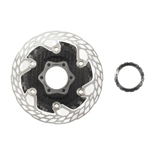 Carbon-Ti X-Rotor Aero 140 mm X-AFS brake rotor with its lockring.