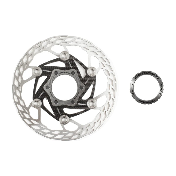 Carbon-Ti X-Rotor SteelCarbon 3 140 mm X-AFS brake rotor with its lockring.