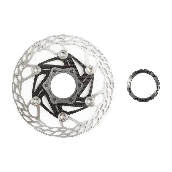 Carbon-Ti X-Rotor SteelCarbon 3 140 mm X-AFS brake rotor with its lockring.