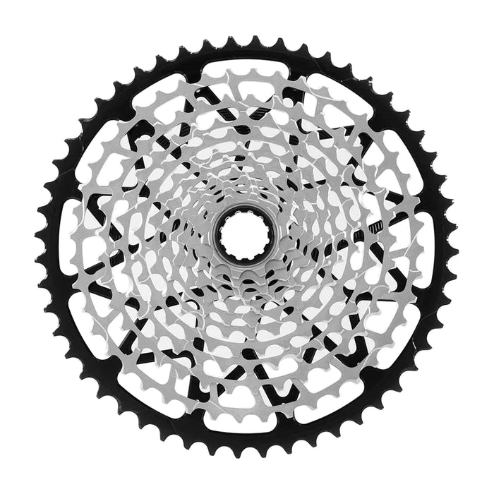 Garbaruk 12-Speed Cassette for SRAM XD in Black, seen face on, the black largest cog around steel cogs.