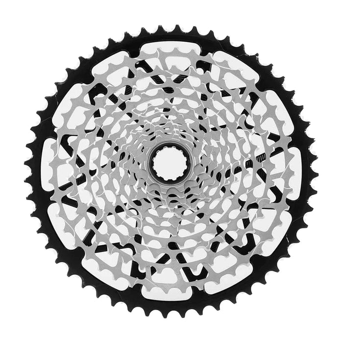 Garbaruk 12-Speed Cassette for SRAM XD in Black, seen face on, the black largest cog around silver steel cogs.
