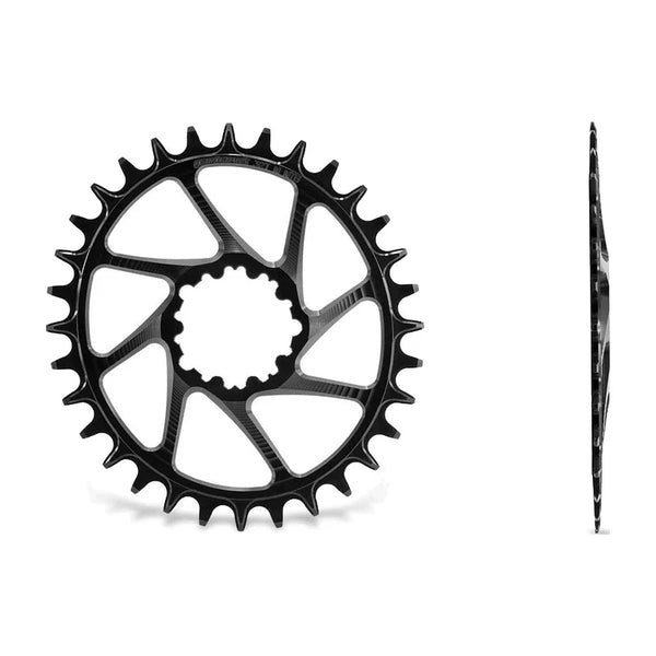 Garbaruk DM MTB Chainring for SRAM 3-Bolt - Boost in Black, oval 32T ring, face view and edge view