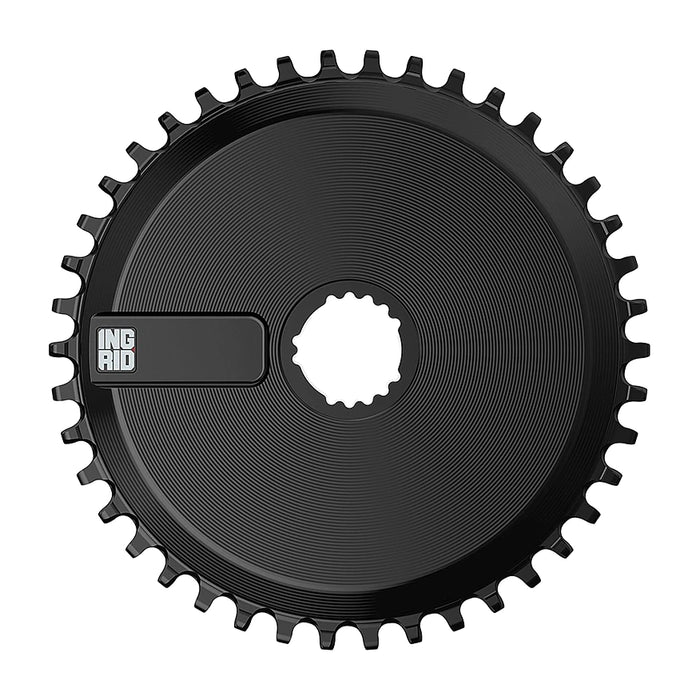 Ingrid Aero direct-mount chainring in Black, seen face on with its solid aero face.