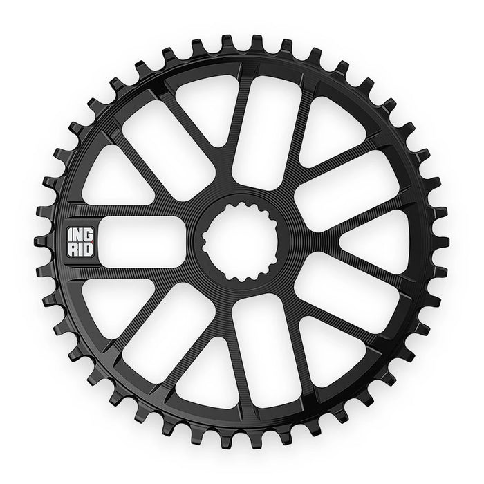 Ingrid standard direct-mount chainring in Black, seen face on with its open spoked arms.