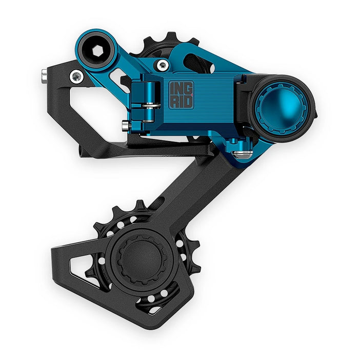 Ingrid RD1 MK2 rear derailleur in the Blue limited anodized finish, three-quarter view.