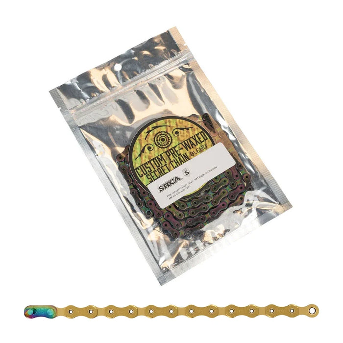 Two photographs: SILCA's sealed pouch with a rainbow chain above, and the SRAM XX1 Eagle chain in Gold below.