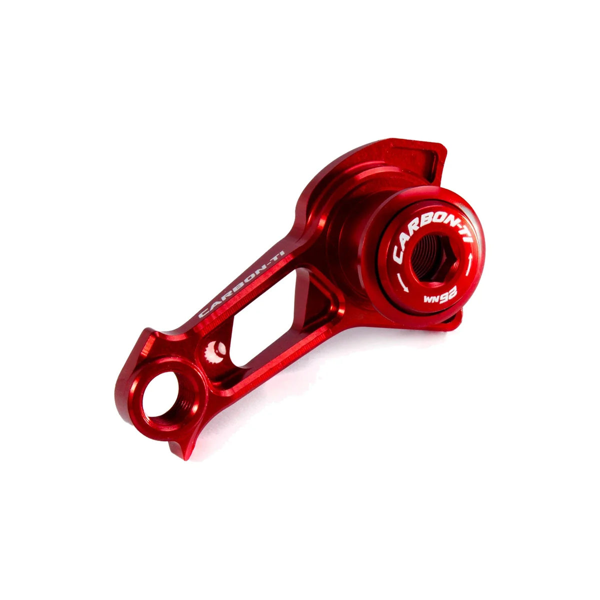 Carbon-Ti X-Hanger DM DA9200 derailleur hanger in red, three-quarter view.