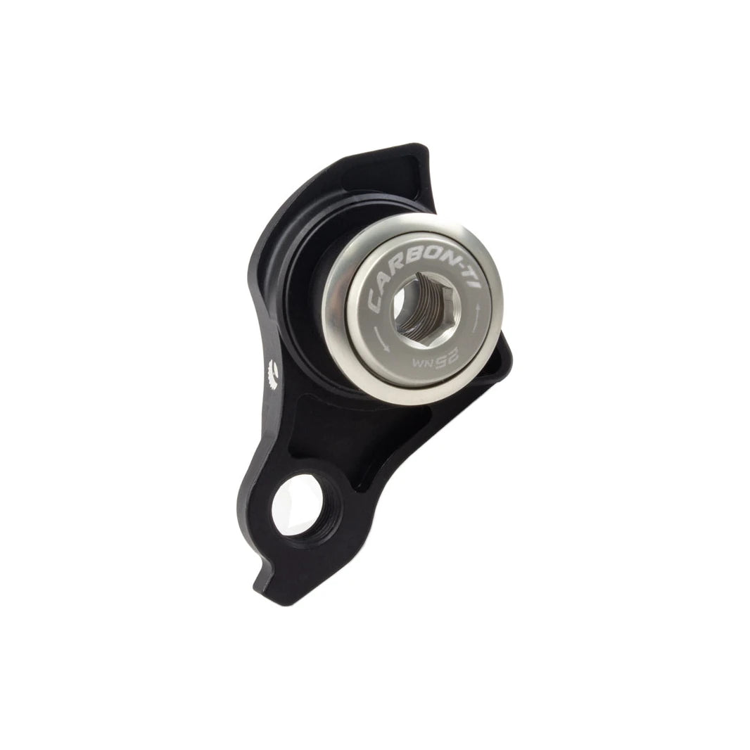 Carbon-Ti X-Hanger UDH in Matte Black with a Silver lockring, seen from the front.