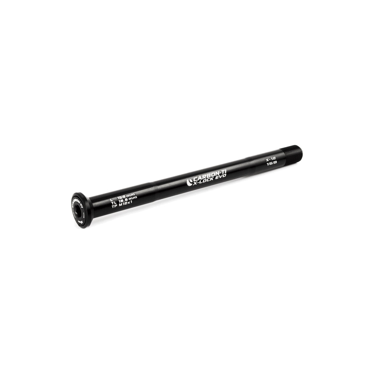 Carbon-Ti X-Lock EVO 12x1.0 X-12 (159 mm) Rear Thru-Axle in Matte Black. The finish is shown processed from Carbon-Ti's black photograph.