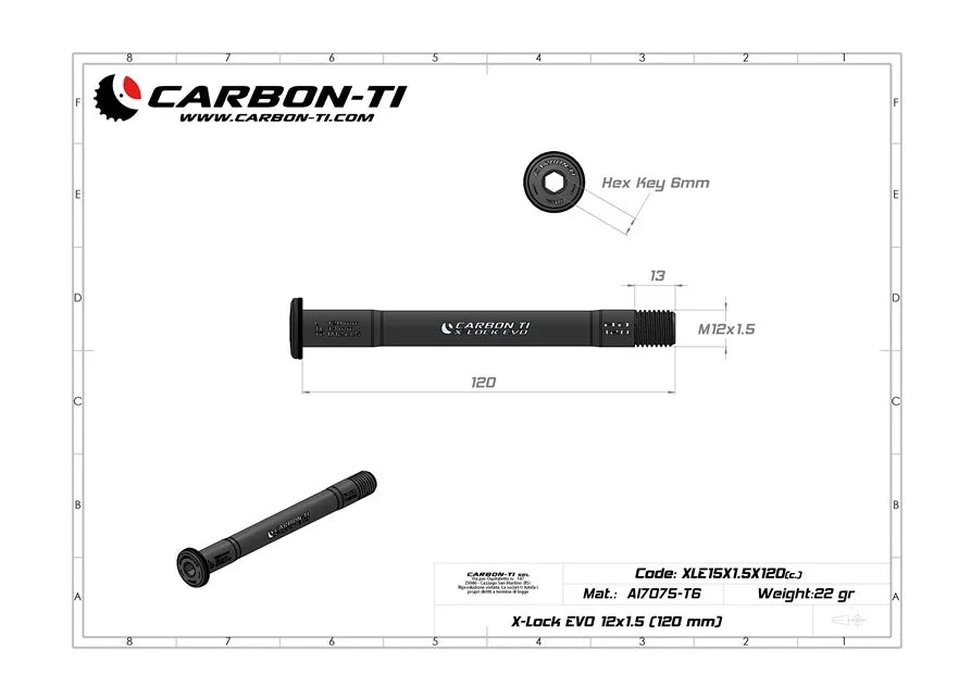 Manufacturer dimensioned drawing for the Carbon-Ti X-Lock EVO 12x1.5 (120 mm) Front Thru-Axle.
