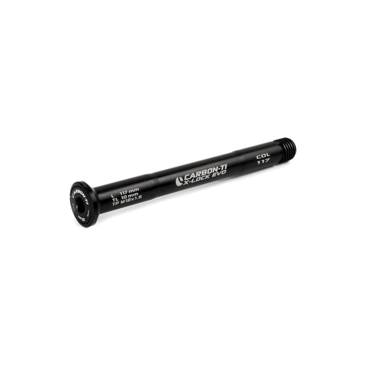 Carbon-Ti X-Lock EVO 12x1.5 X-Colnago (117 mm) Front Thru-Axle in Matte Black. The finish is shown processed from Carbon-Ti's black photograph.