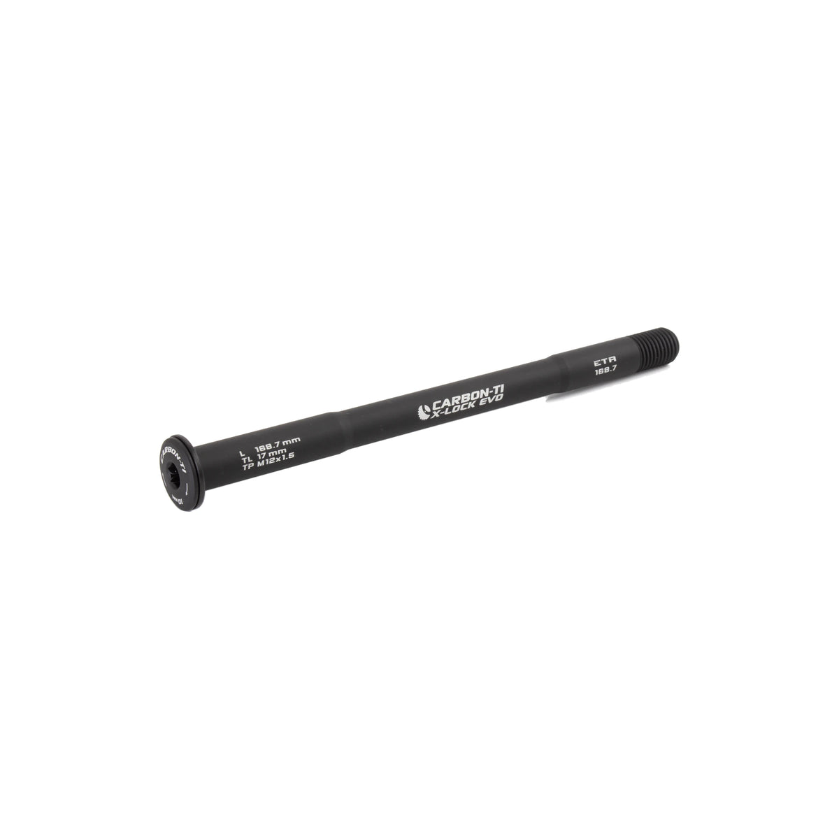 Carbon-Ti X-Lock EVO thru-axle, 12x1.5, for E-Thru frames, in Matte Black.
