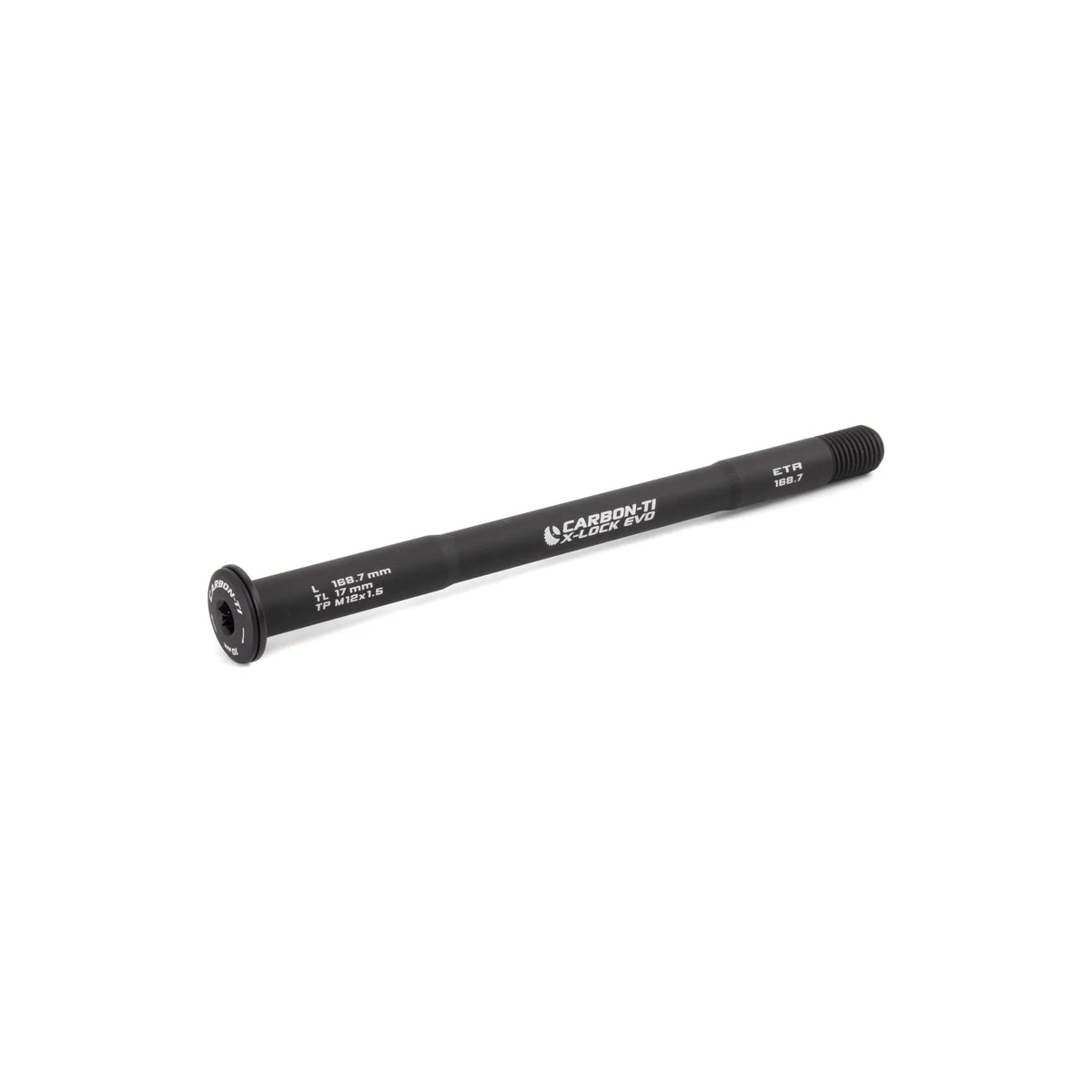 Carbon-Ti X-Lock EVO thru-axle, 12x1.5, for E-Thru frames, in Matte Black.