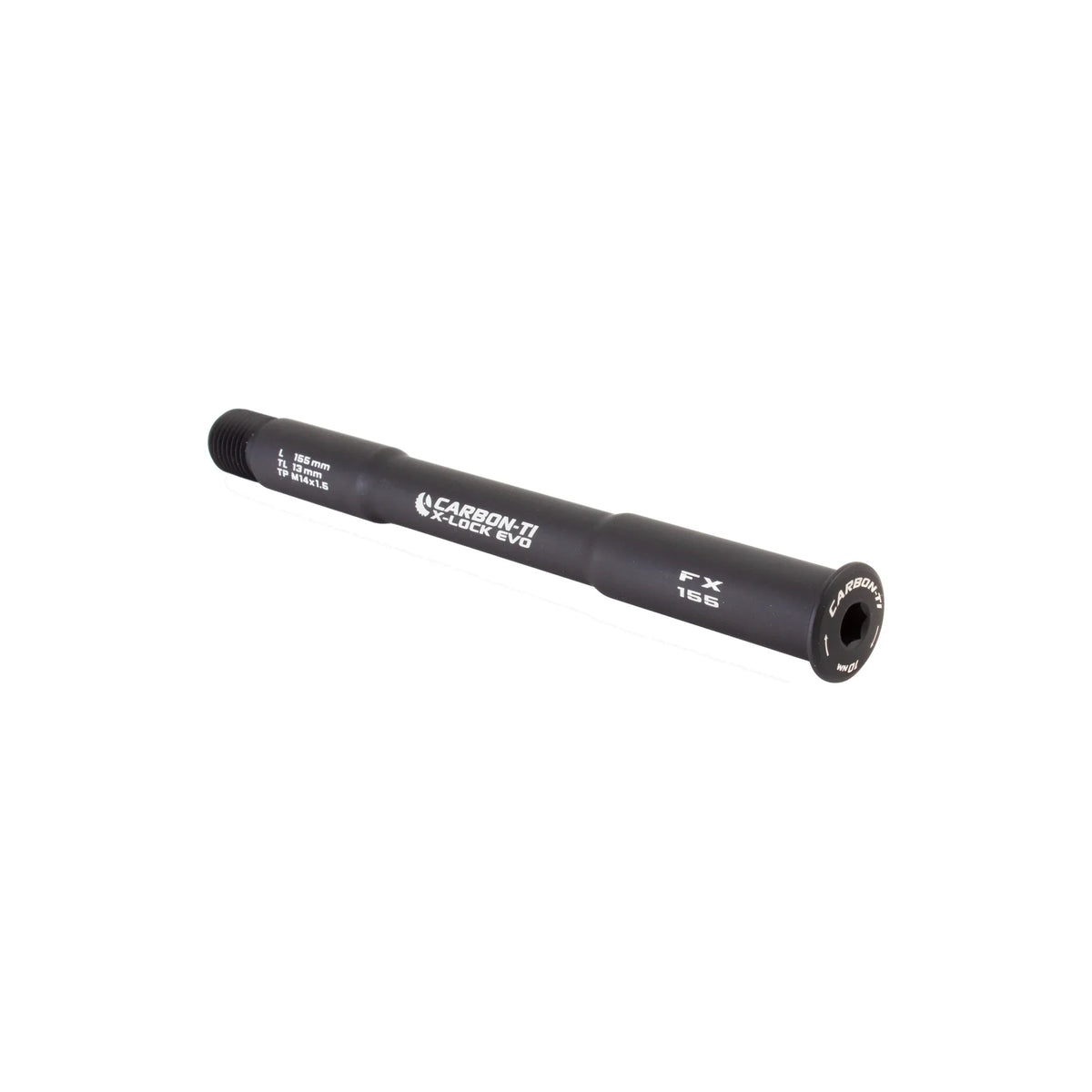 Carbon-Ti X-Lock EVO thru-axle, 15x1.5, 155 mm, for Fox Boost forks, in Matte Black.