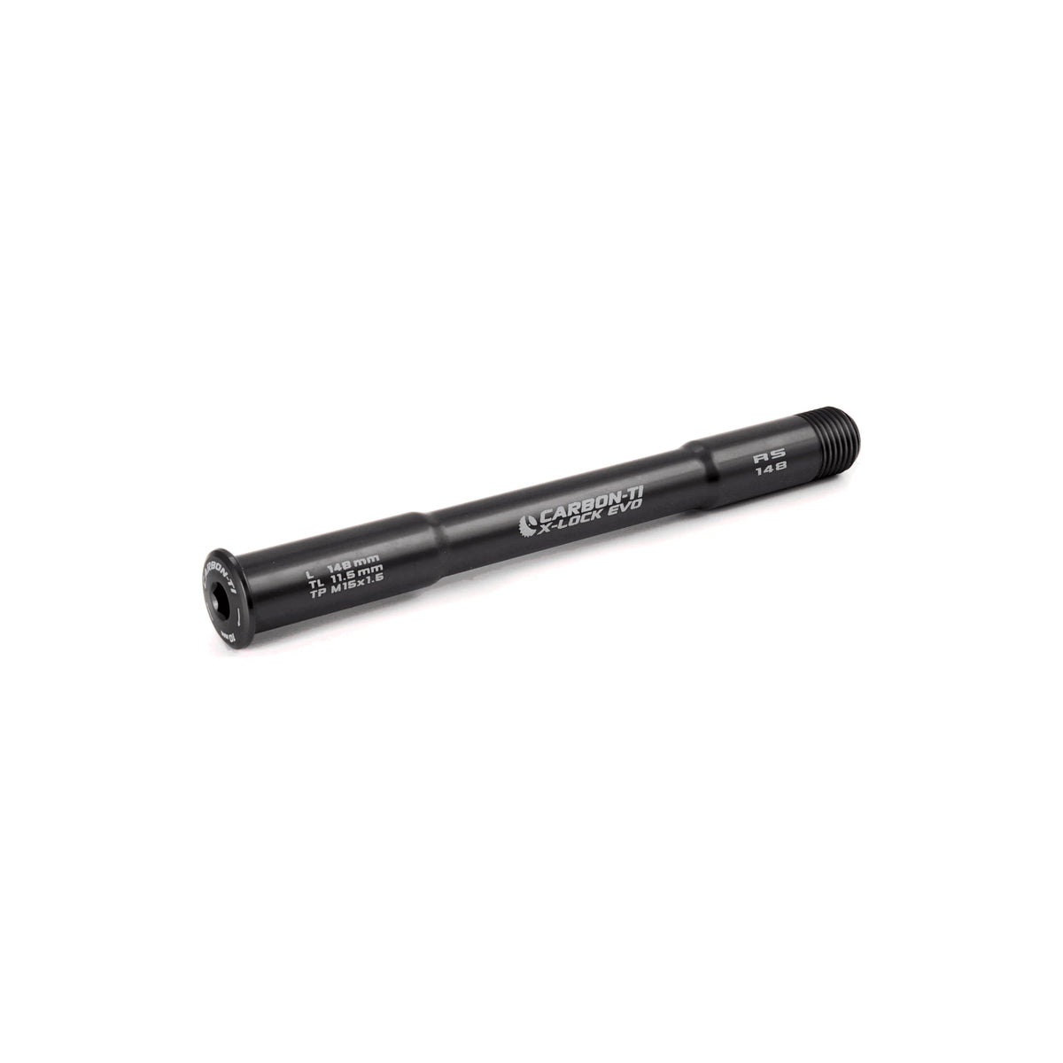 Carbon-Ti X-Lock EVO 15x1.5 X-RockShox (148 mm) Front Thru-Axle in Black. Color digitally processed