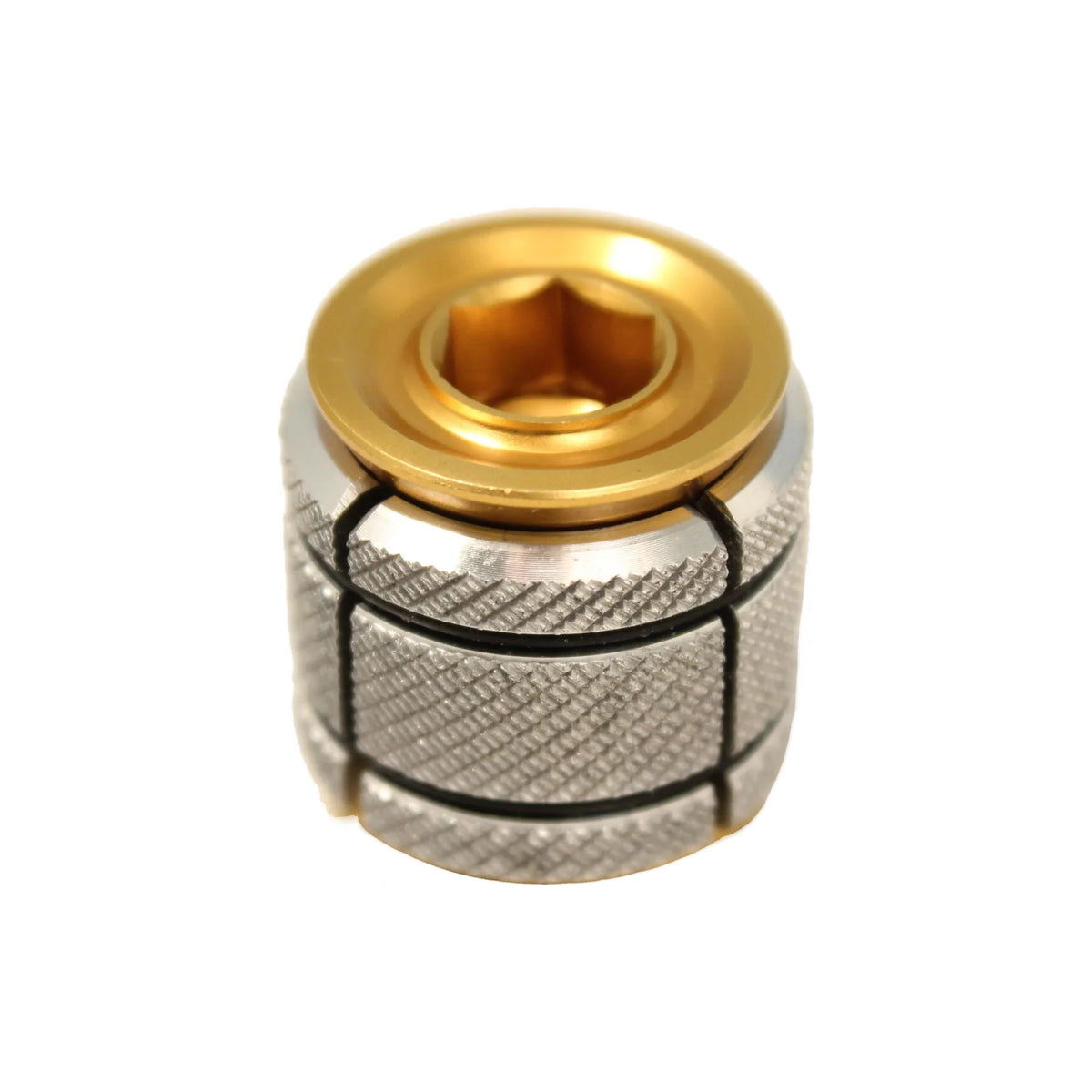 Carbon-Ti X-Plug headset expander, with a gold anodized top and a knurled silver body.