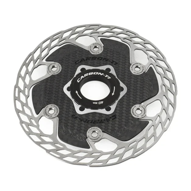 Carbon-Ti X-Rotor Aero 140 mm Center Lock brake rotor, three-quarter view.