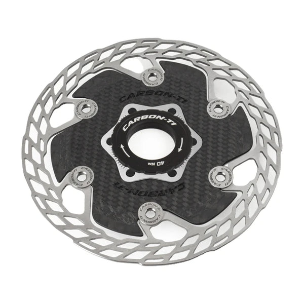 Carbon-Ti X-Rotor Aero 140 mm Center Lock brake rotor, three-quarter view.