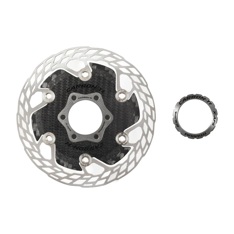 Carbon-Ti X-Rotor Aero 140 mm X-AFS brake rotor with its lockring.