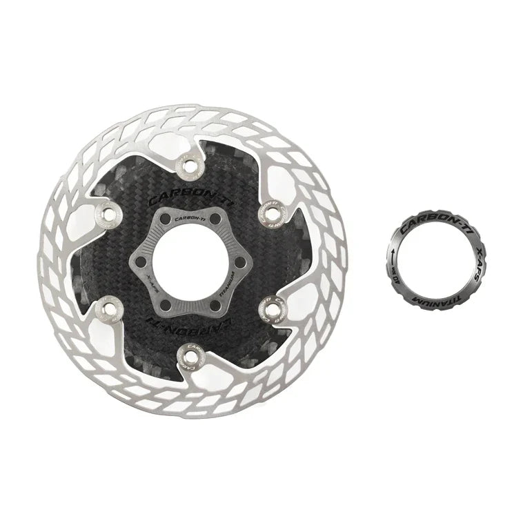 Carbon-Ti X-Rotor Aero 140 mm X-AFS brake rotor with its lockring.