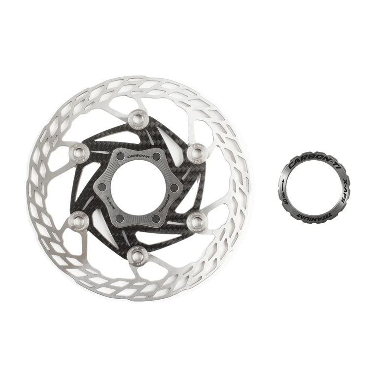Carbon-Ti X-Rotor SteelCarbon 3 140 mm X-AFS brake rotor with its lockring.
