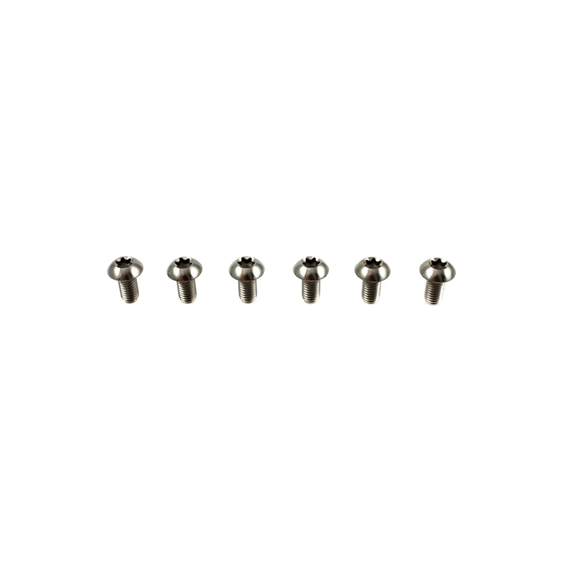Six Carbon-Ti titanium rotor bolts in a row, Torx heads facing the camera.
