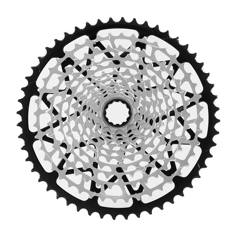 Garbaruk 12-Speed Cassette for SRAM XD in Black, seen face on, the black largest cog around silver steel cogs.