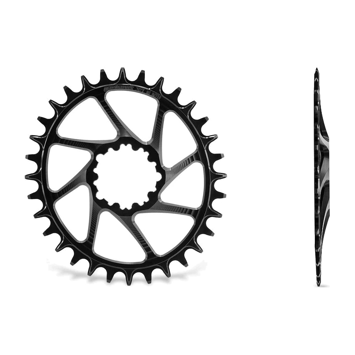 Garbaruk DM MTB Chainring for SRAM 3-Bolt - Standard (Non-Boost) in Black, oval 32T ring, face view and edge view