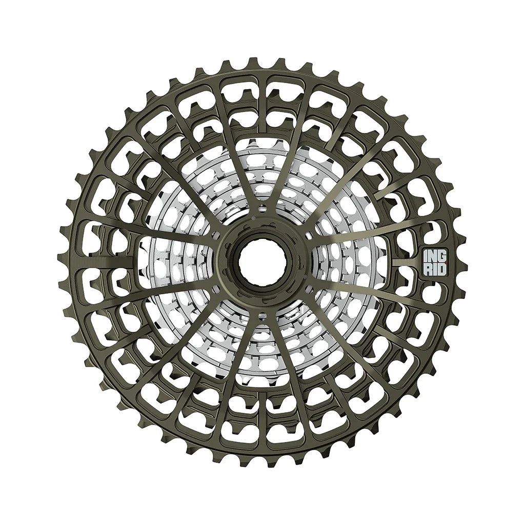 Ingrid 11-Speed 46-10T Cassette seen face on, the dark anodized outer cogs carried on a spider.