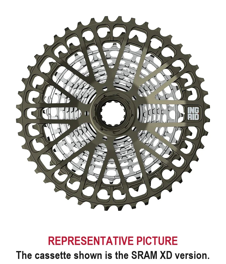 Ingrid 12-Speed 11-44T Cassette seen face on, the dark anodized outer cogs carried on a spider. The cassette pictured is the SRAM XD version.