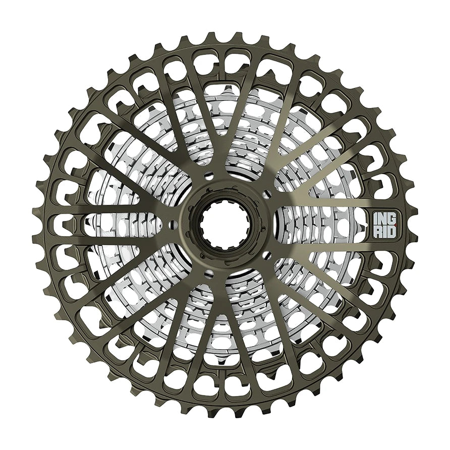 Ingrid 12-Speed 11-44T Cassette seen face on, the dark anodized outer cogs carried on a spider.