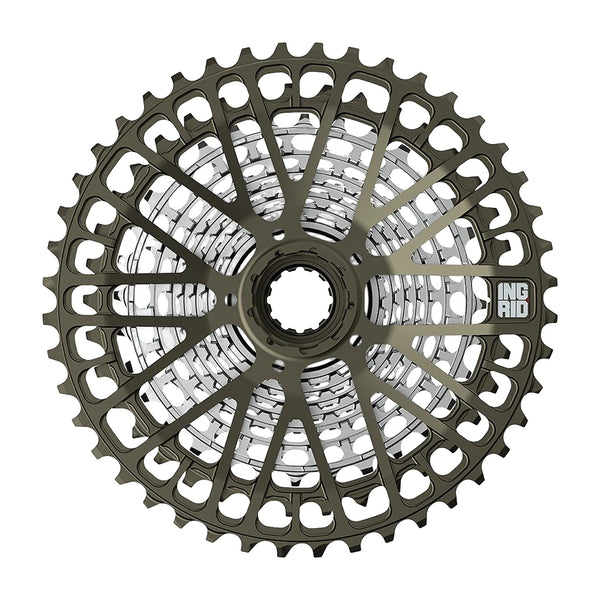 Ingrid 12-Speed 11-44T Cassette seen face on, the dark anodized outer cogs carried on a spider.