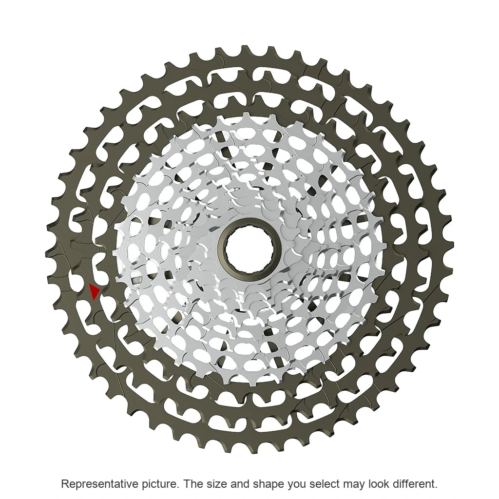 Ingrid 12-Speed 48-10T Cassette seen face on, with a red alignment mark on the largest cog. Representative picture.