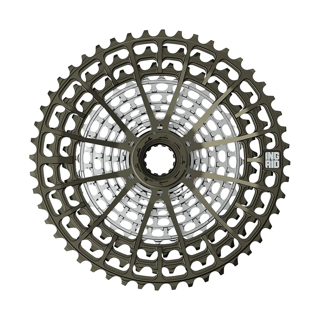 Ingrid 12-Speed 48-10T Cassette seen face on, the dark anodized outer cogs carried on a spider.