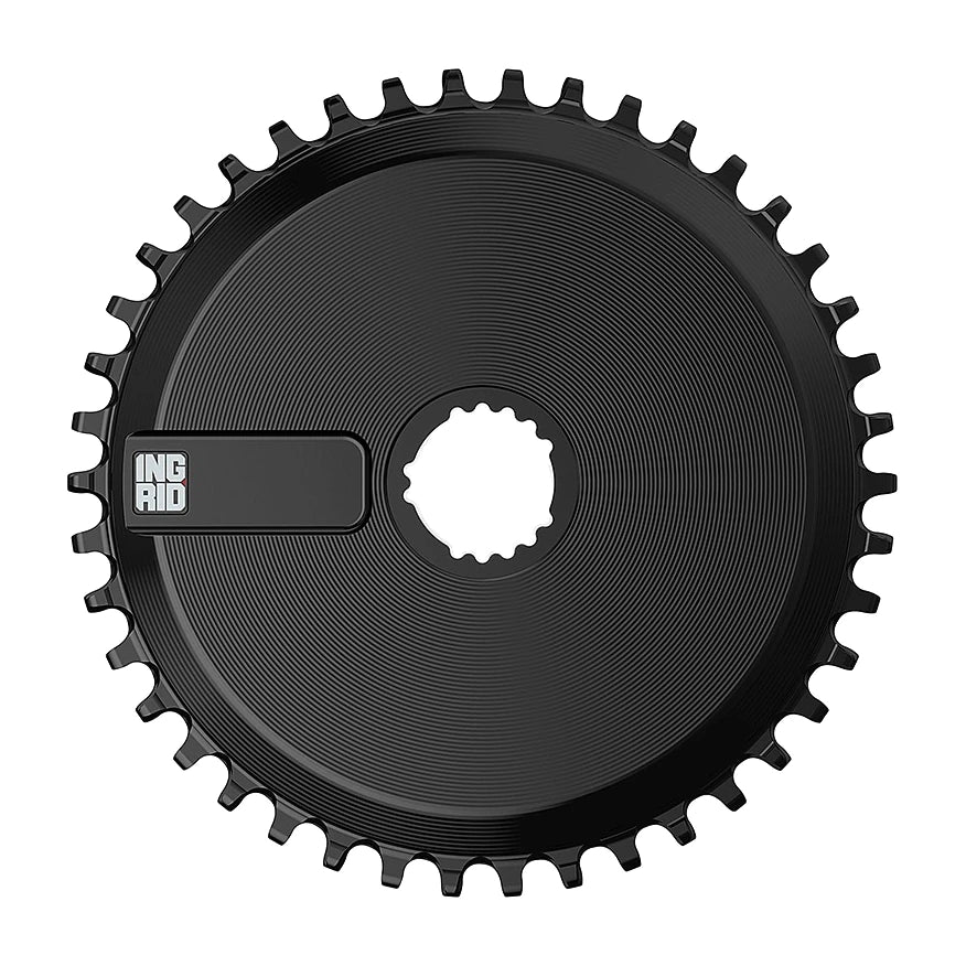 Ingrid Aero direct-mount chainring in Black, seen face on with its solid aero face.
