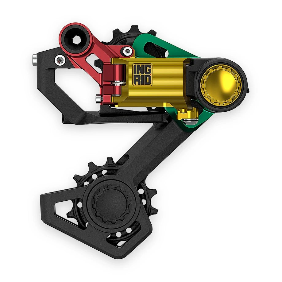 Ingrid RD1 Legalized Special Edition rear derailleur in the Rasta colorway, three-quarter view.