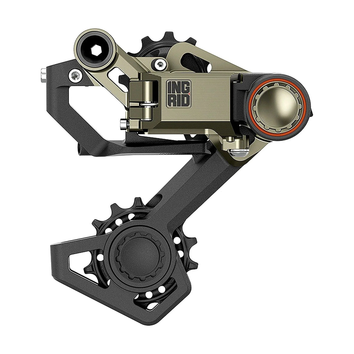 Ingrid RD1 MK2 mechanical rear derailleur in Hard Anodized finish, Long cage, three-quarter view.