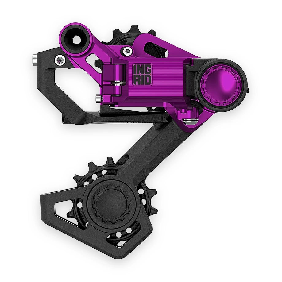 Ingrid RD1 MK2 rear derailleur in the Violet limited anodized finish, three-quarter view.