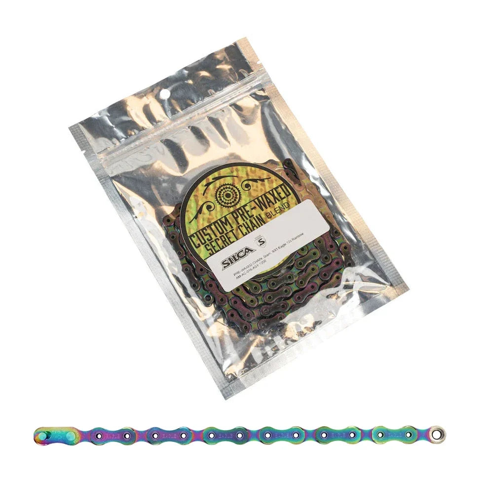 Two photographs: SILCA's sealed pouch above, and the SRAM XX1 Eagle chain in Rainbow below.